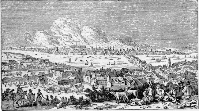 Velký požár Londýna, pohled z jižní části, Southwarku. Ilustrace z knihy Roberta Chamberse Book of Days.