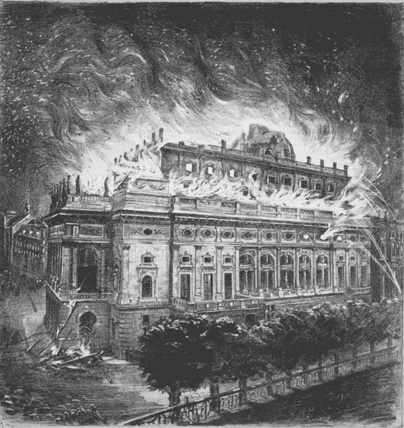 Požár Národního divadla, dobová ilustrace z Humoristických listů.