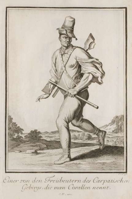 Karpatský zbojník na rytině podle předlohy Kašpara Luykena z r. 1703.