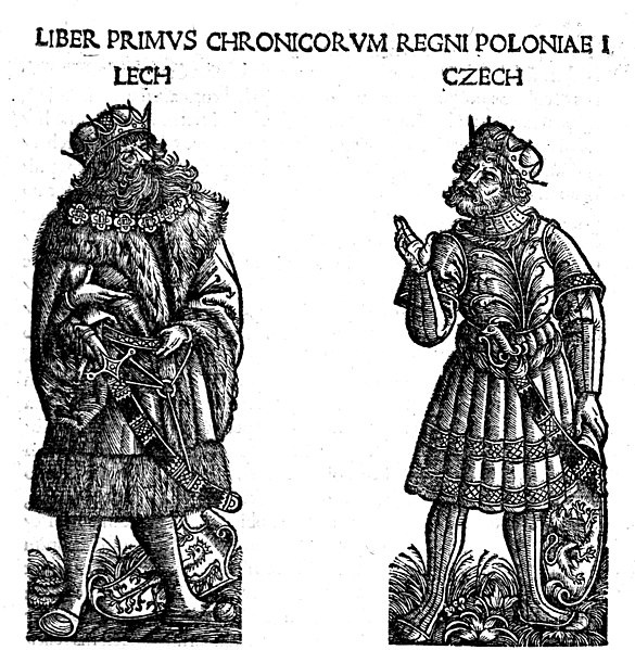 Vyobrazení Lecha a Čecha na dřevorytu z Chronica Polonorum od Matěje Miechowského z roku 1521.