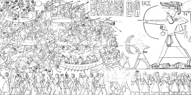Egyptská malba boje proti mořským národům. Egyptská malba boje proti mořským národům.