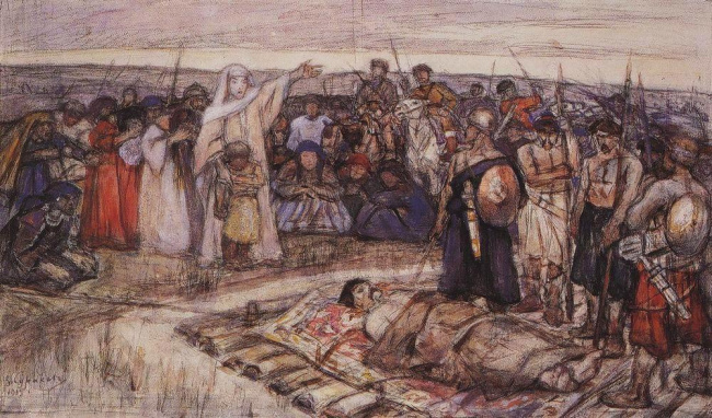 Pohřeb manžela na malbě.