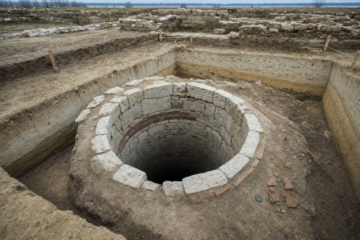 Odkrytá římská studna na archeologickém výkopu Odkrytá římská studna na archeologickém výkopu