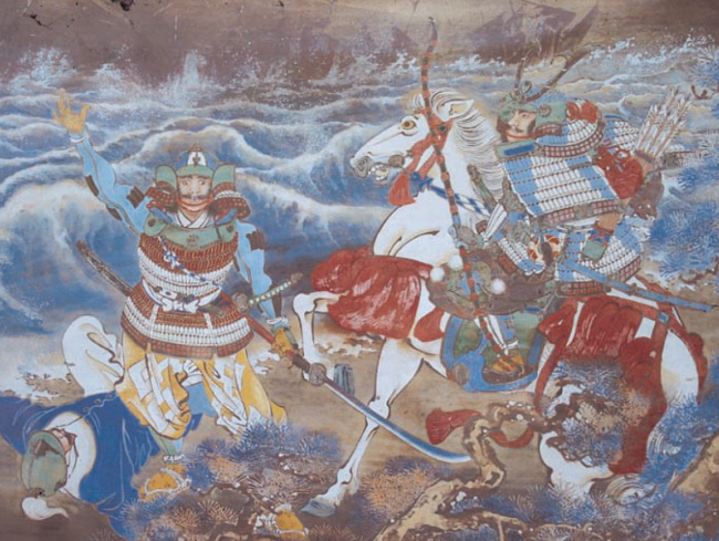 Samurajové s mrtvým mongolem na dobové malbě. Samurajové s mrtvým mongolem na dobové malbě.
