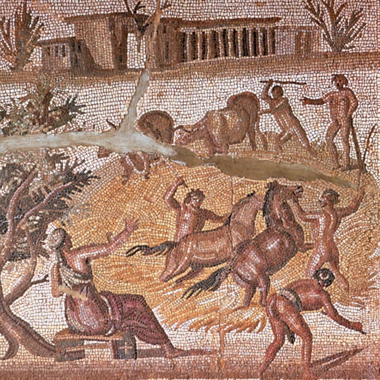 Mozaika znázorňující otroky při práci na poli.