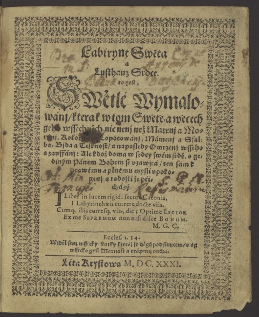 Titulní strana knihy J. A. Komenského Labyrint Swěta a Lusthauz Srdce (1631).