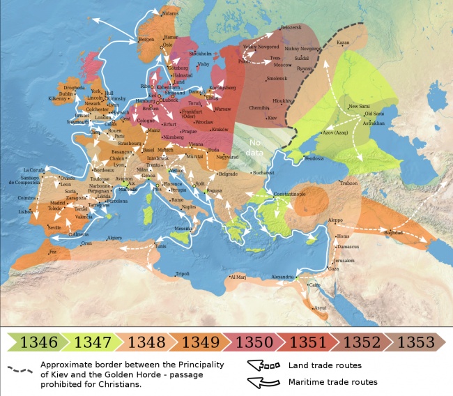 Mapa šíření Černé smrti.