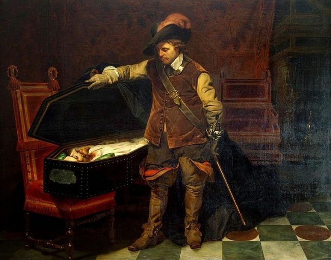 Oliver Cromwell si prohlíží ostatky popraveného krále.