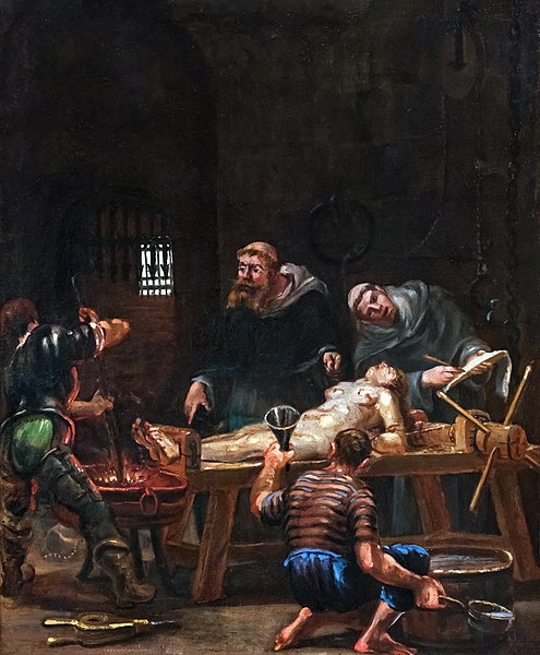 Markýza de Brinvilliers na mučidlech během vyšetřování.