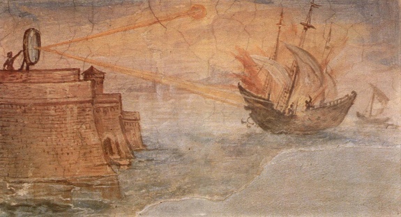 Zapalování lodí na středověké malbě od Giulia Pariginiho.