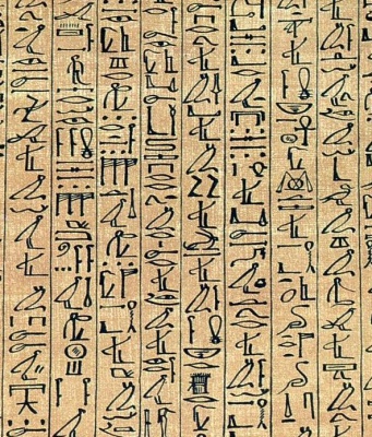 Hieroglyfy na papyru psané ve sloupci.