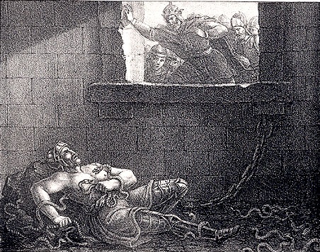 Rytba z 18 století znázorňující Ragnarovu smrt.