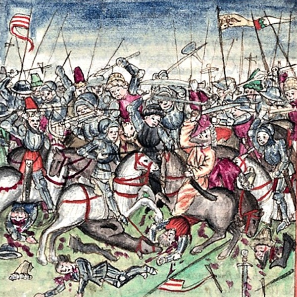 Bitva na Lechu, ilustrace z Sigmund Meisterlingova kodexu. Bitva na Lechu, ilustrace z Sigmund Meisterlingova kodexu.