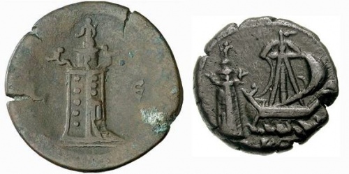 Dobová mince se zpodobněním majáku.