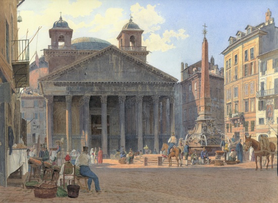 Pantheon s věžičkami na kresbě z roku 1836.