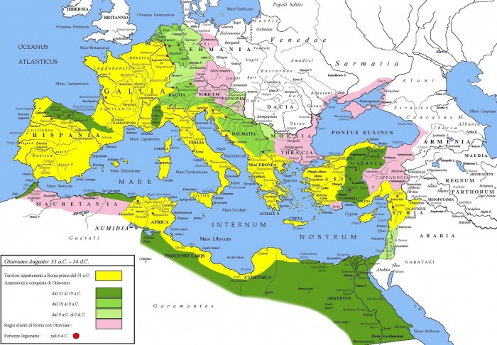 Rozšíření říše za vlády Augusta - zelenou barvou jsou označeny získaná ůzemí, růžovou pak klientská království.