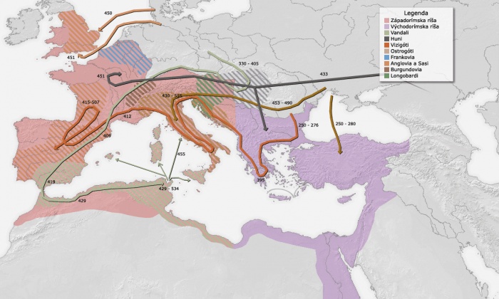 Mapa přesunu kmenů po Evropě.