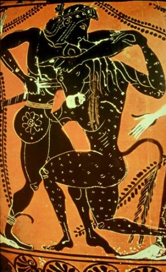 Théseus bojující s Minotaurem na keramice. Cca 6. st. př.n.l.
