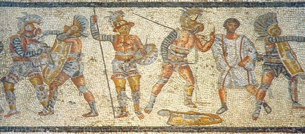 Mozaika znázorňující souboj Thráka, Murmilla a Hoplomacha.