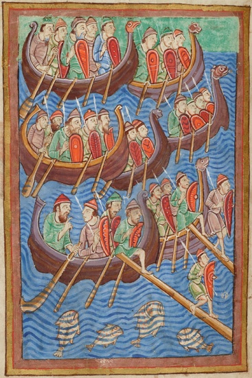 Vikingové na lodích, iluminace z 12. století.