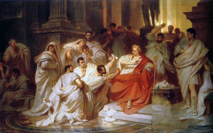 Obraz zavřazdění Caesara z roku 1865.
